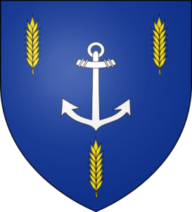 Armoiries du Malouin Ange Blaize de Maisonneuve "D'azur à l'ancre de navire d'argent accompagnée de trois épis de blé d'or".