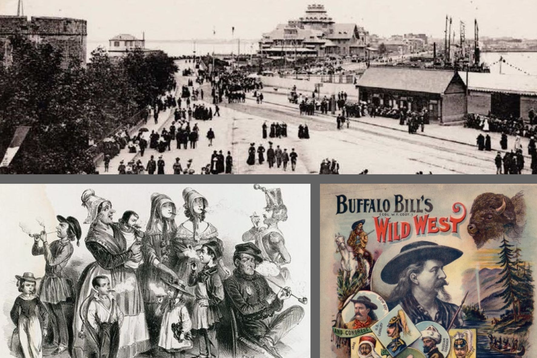 Carrousel d'image avec carte postale ancienne du casino de Saint-Malo, une caricature ancienne d'une famille en train de fumer et une affiche du spectacle de Buffalo Bill